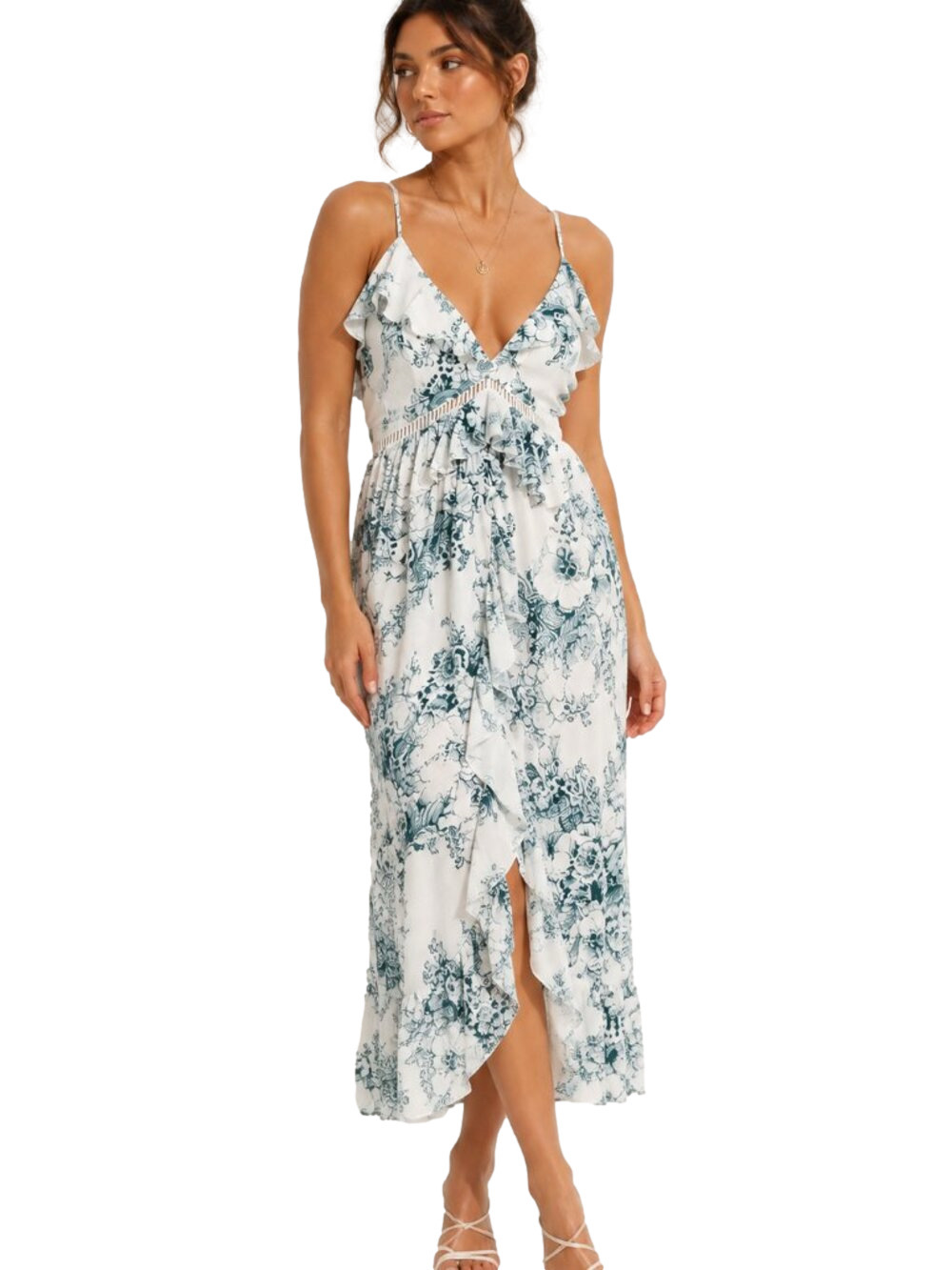 L'ATISTE by Amy White Teal Floral Toile Ruffle Open Back Midi Dress Size Small